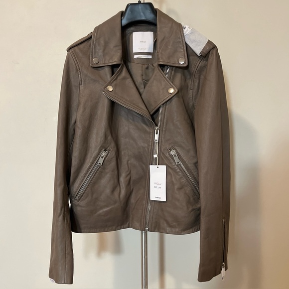MNG Mango Leather Collection Taupe Sheep Leather Moto Biker Jacket M - Picture 2 of 16